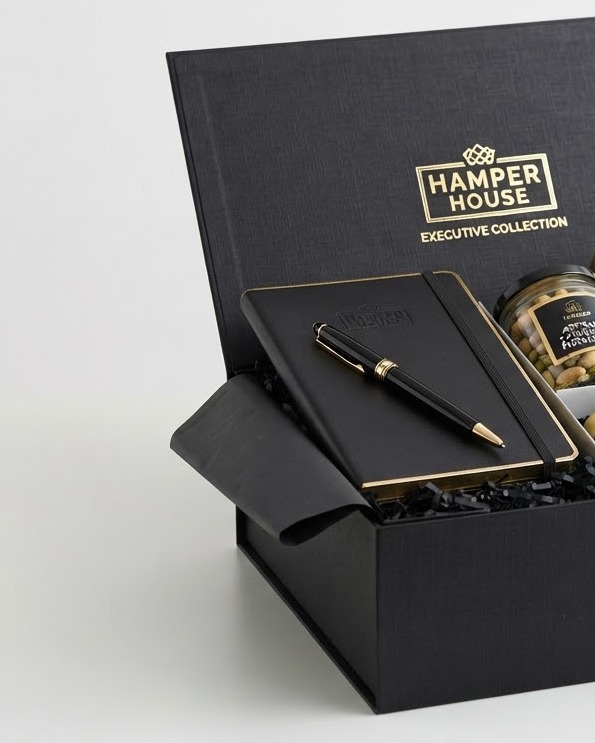 Executive Gift Hamper — Premium — Leather journal, gold pen and gourmet preserves