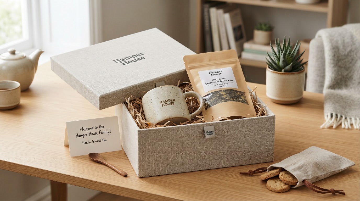 Welcome-Kit Hamper — Linen box with a stoneware mug and hand-blended tea